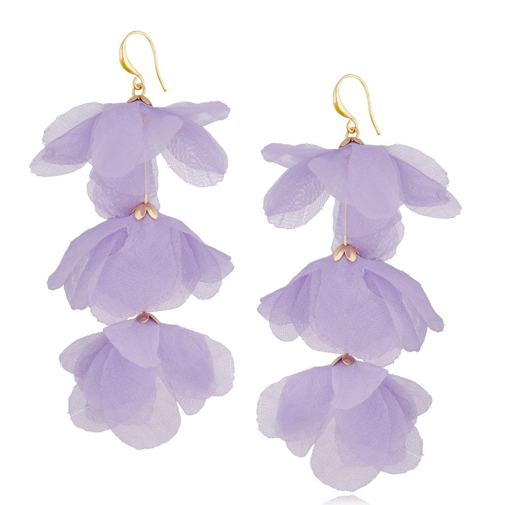Kolczyki jedwabne kwiaty potrójne fioletowe KBL0838