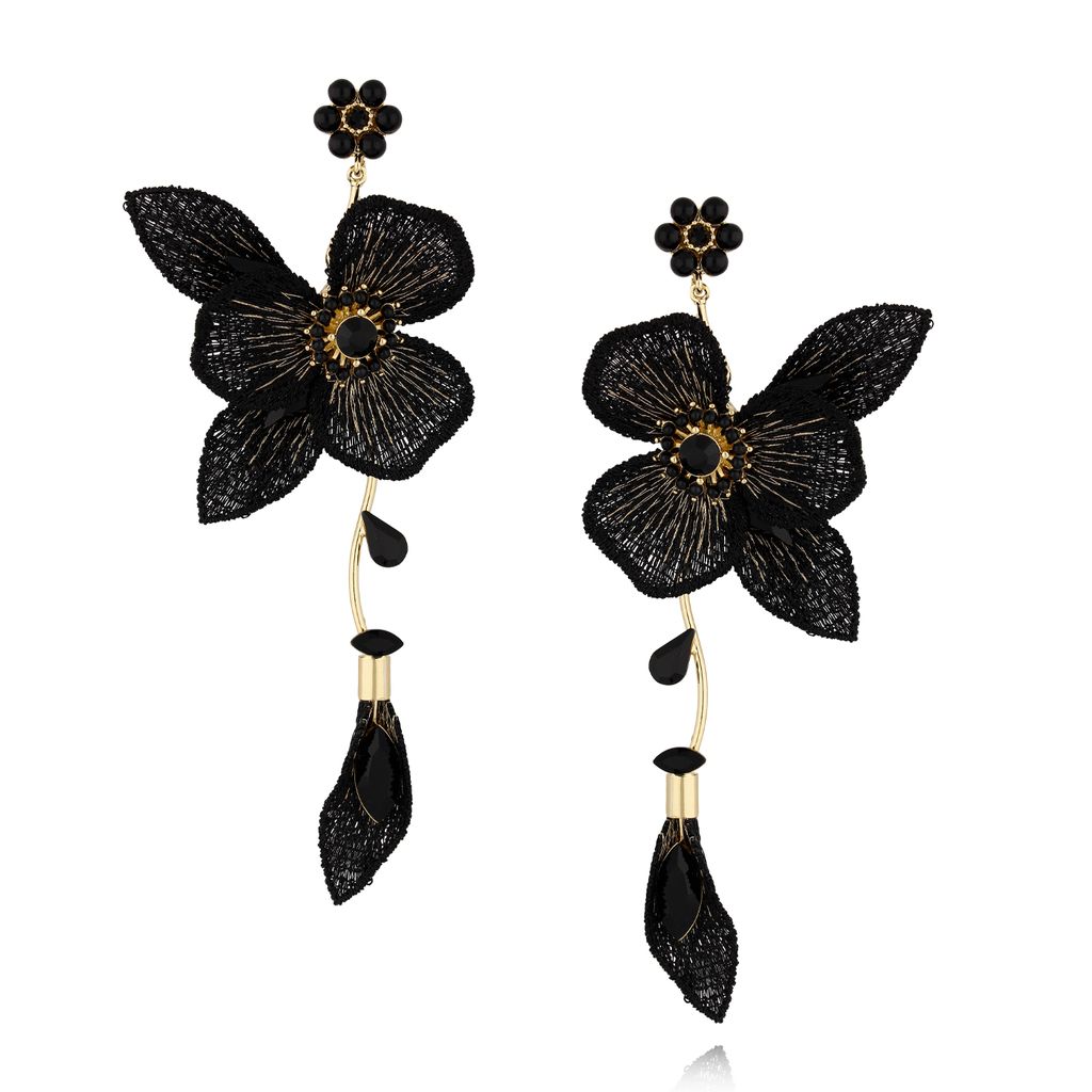 Kolczyki czarne kwiaty z kryształkami KLI0020