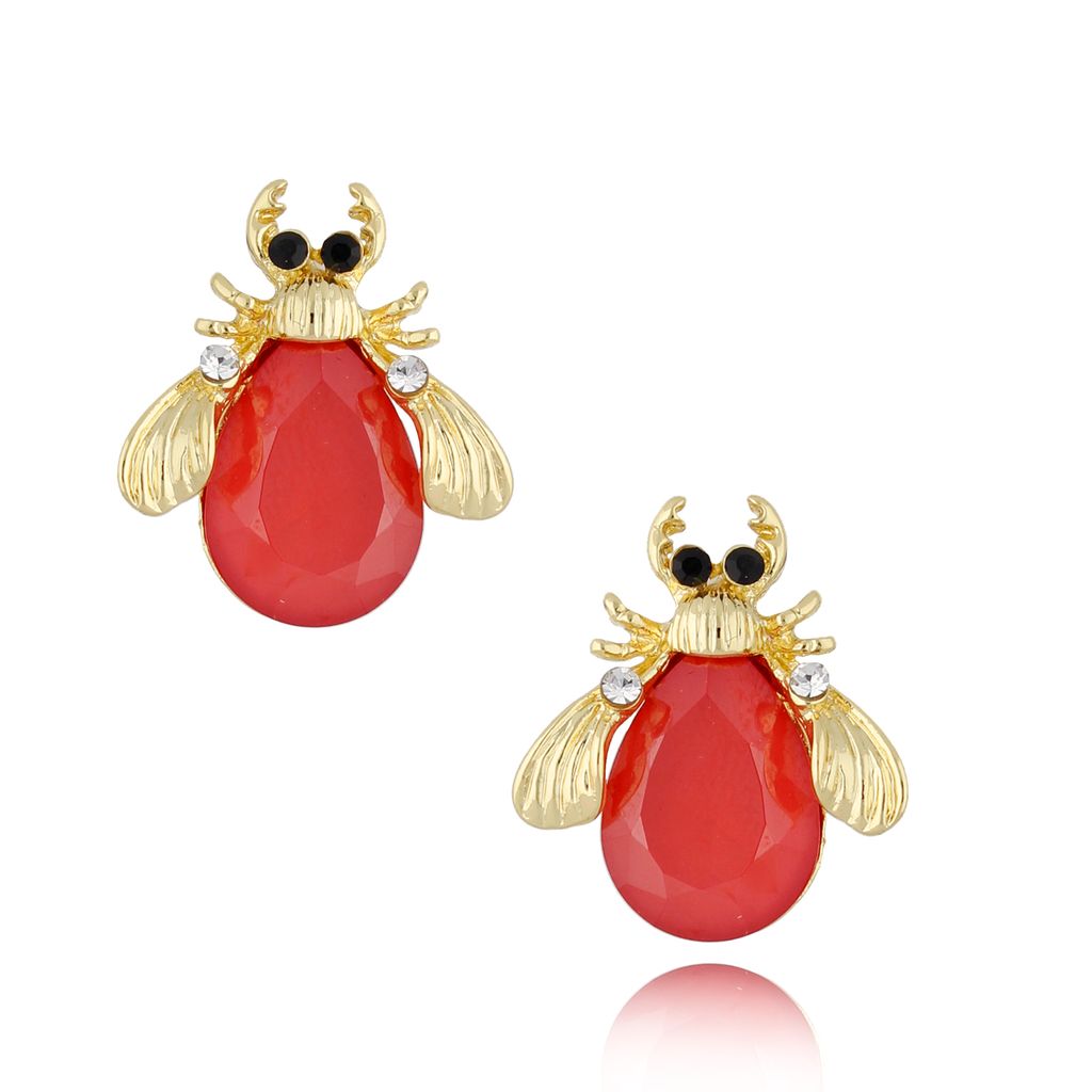 Kolczyki z złotymi żuczkami i bladoczerwonymi kryształkami Carmen KMI0205