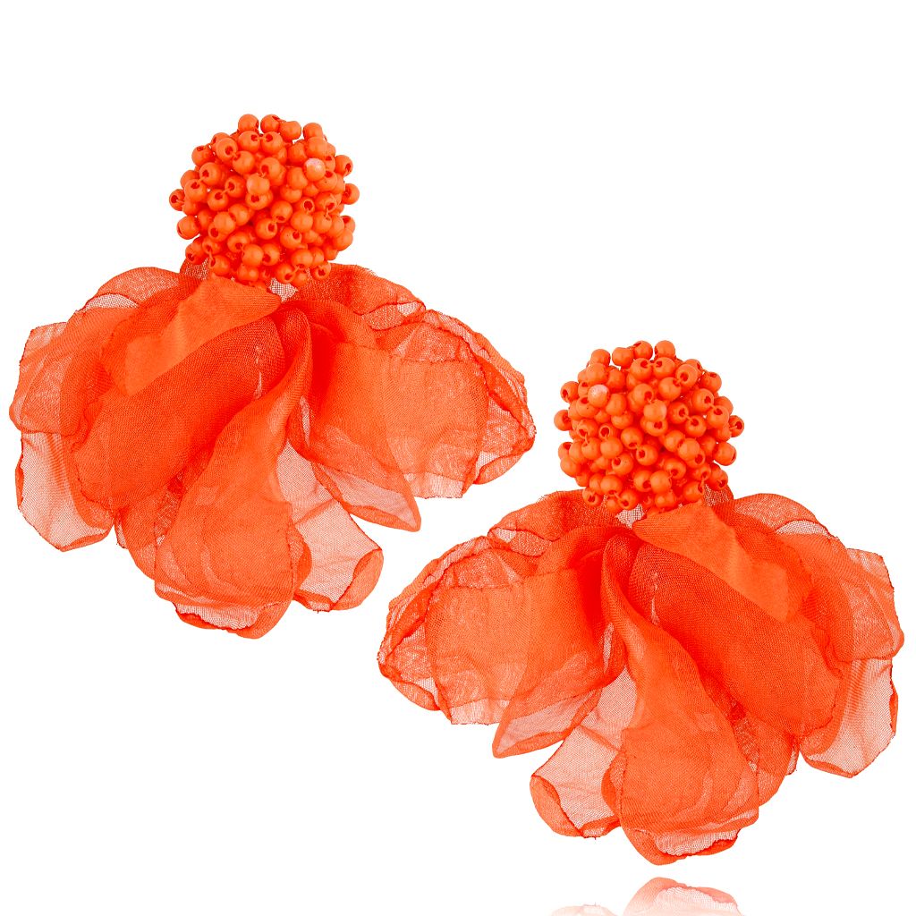 Kolczyki jedwabne kwiaty z koralikami pomarańczowe KBL0586