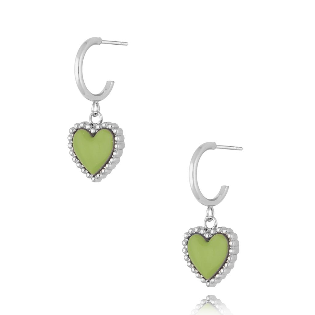 Kolczyki srebrne z sercem i zieloną emalią Enamel Heart KSA1549