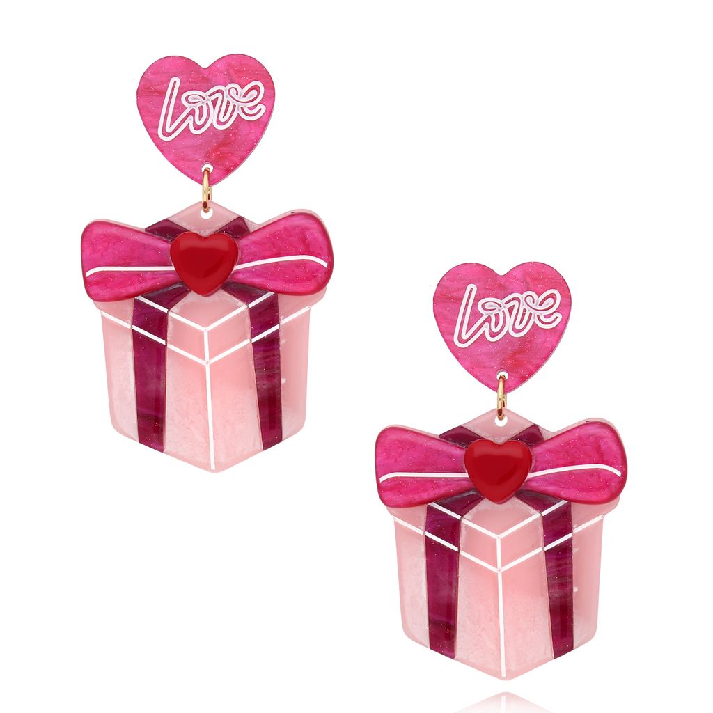 Kolczyki różowe z sercami i prezentem Gift of Love KZA0252