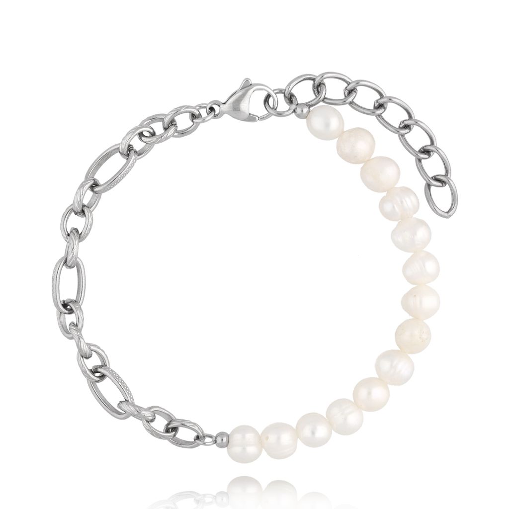 Bransoletka srebrna z perłami i łańcuchem Manyara BSA0513