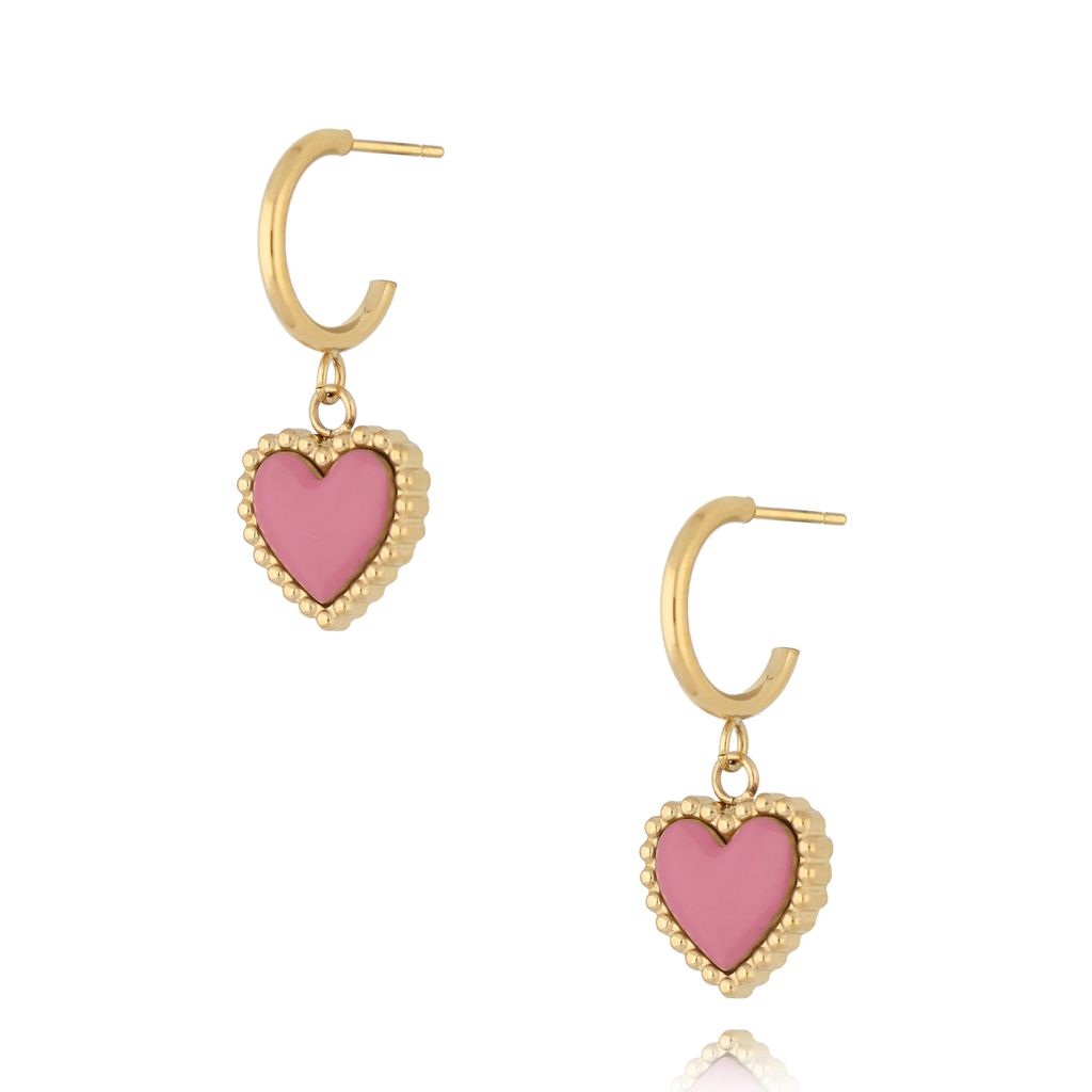 Kolczyki złote z sercem i różową emalią Enamel Heart KSA1548