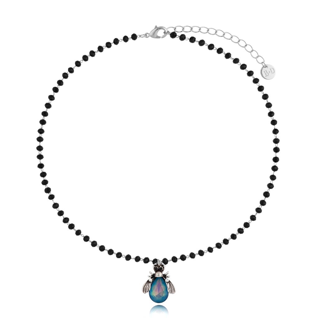 Naszyjnik z niebieskim opalizującym żukiem i kryształkami Tina NMI0155