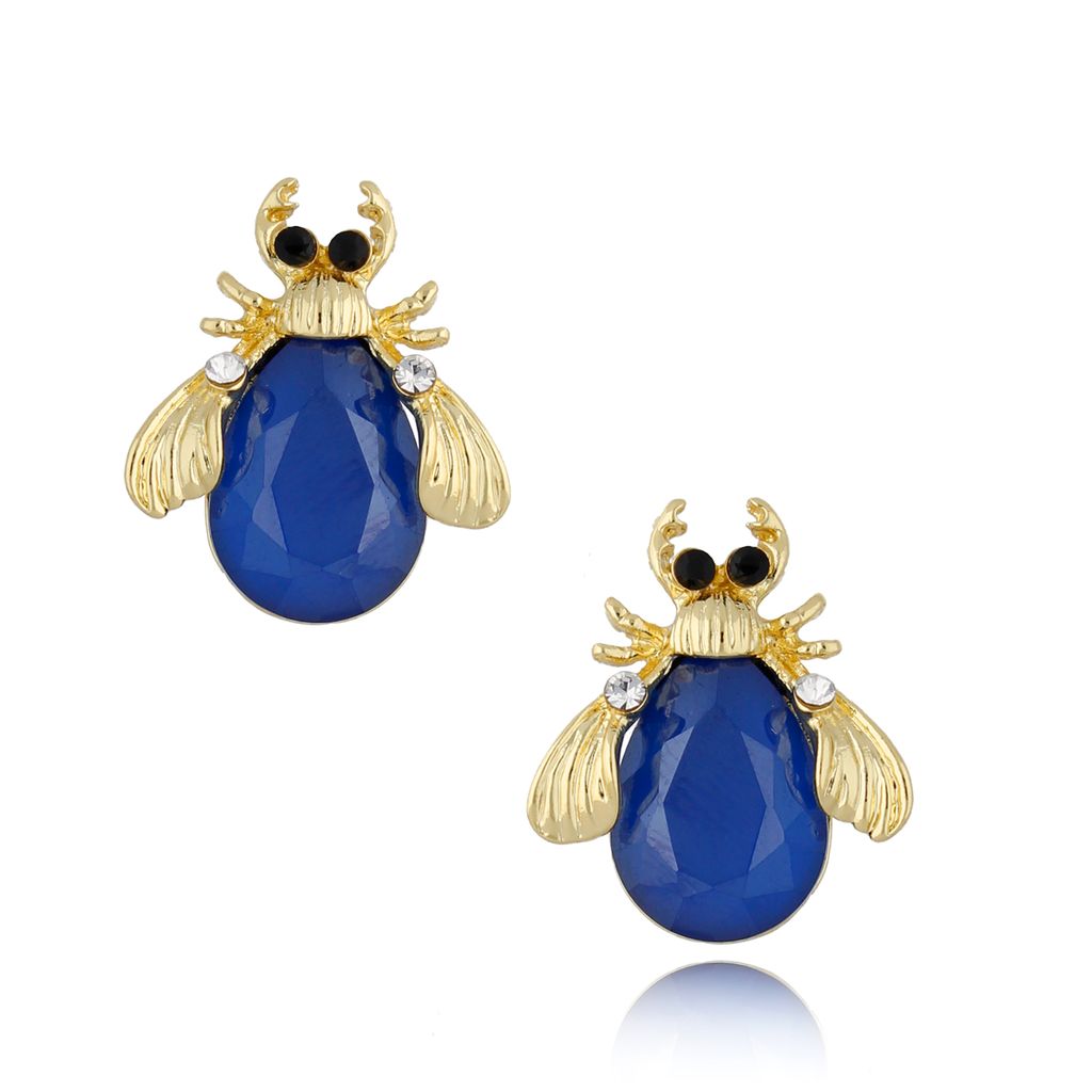 Kolczyki z złotymi żuczkami i niebieskimi kryształkami Carmen KMI0206