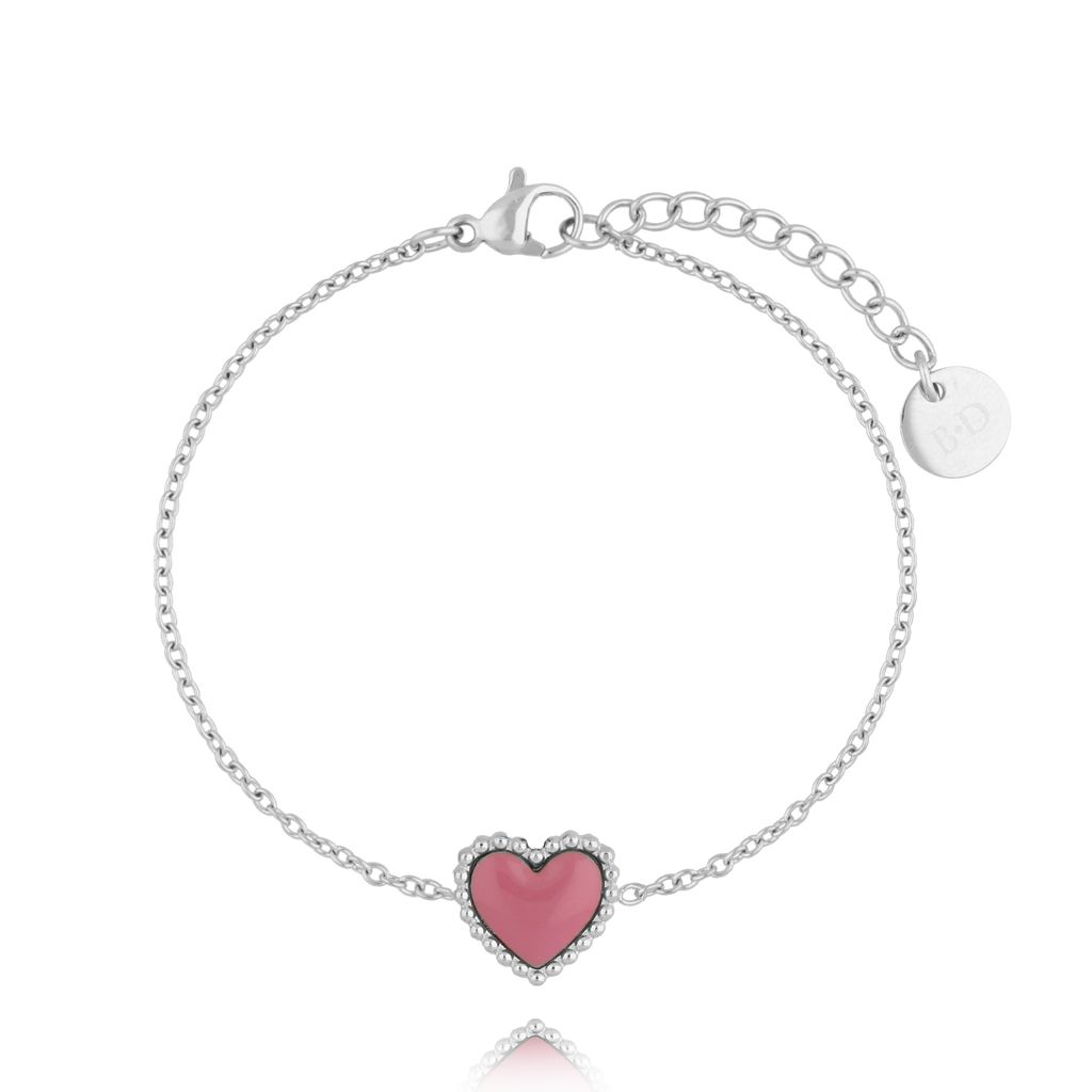 Bransoletka srebrna z sercem i różową emalią Enamel Heart BSA0596
