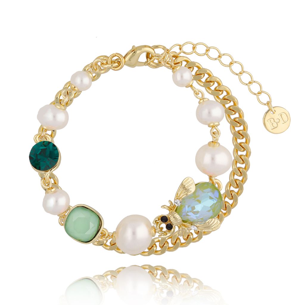 Bransoletka z żuczkiem perłami i zielonymi kryształkami Sensation BMI0089