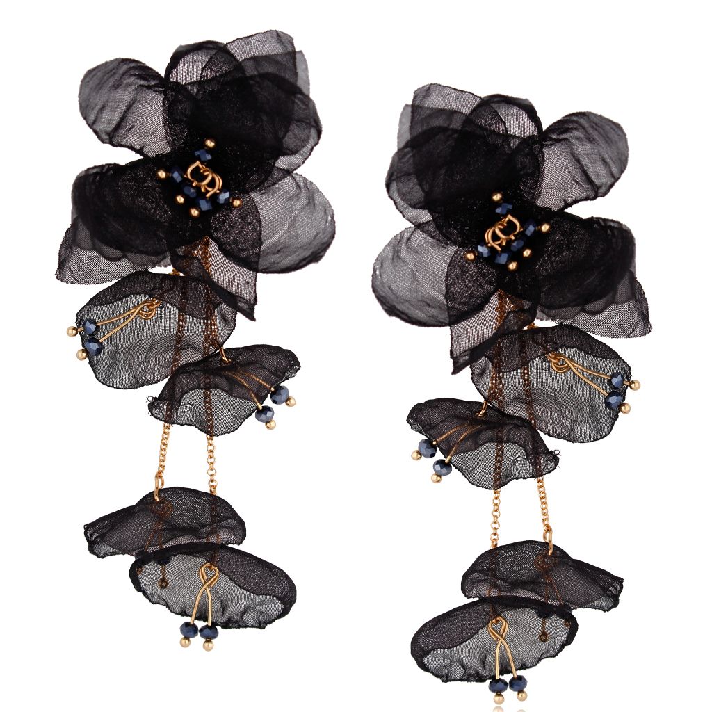 Kolczyki jedwabne kwiaty czarne KBL0715