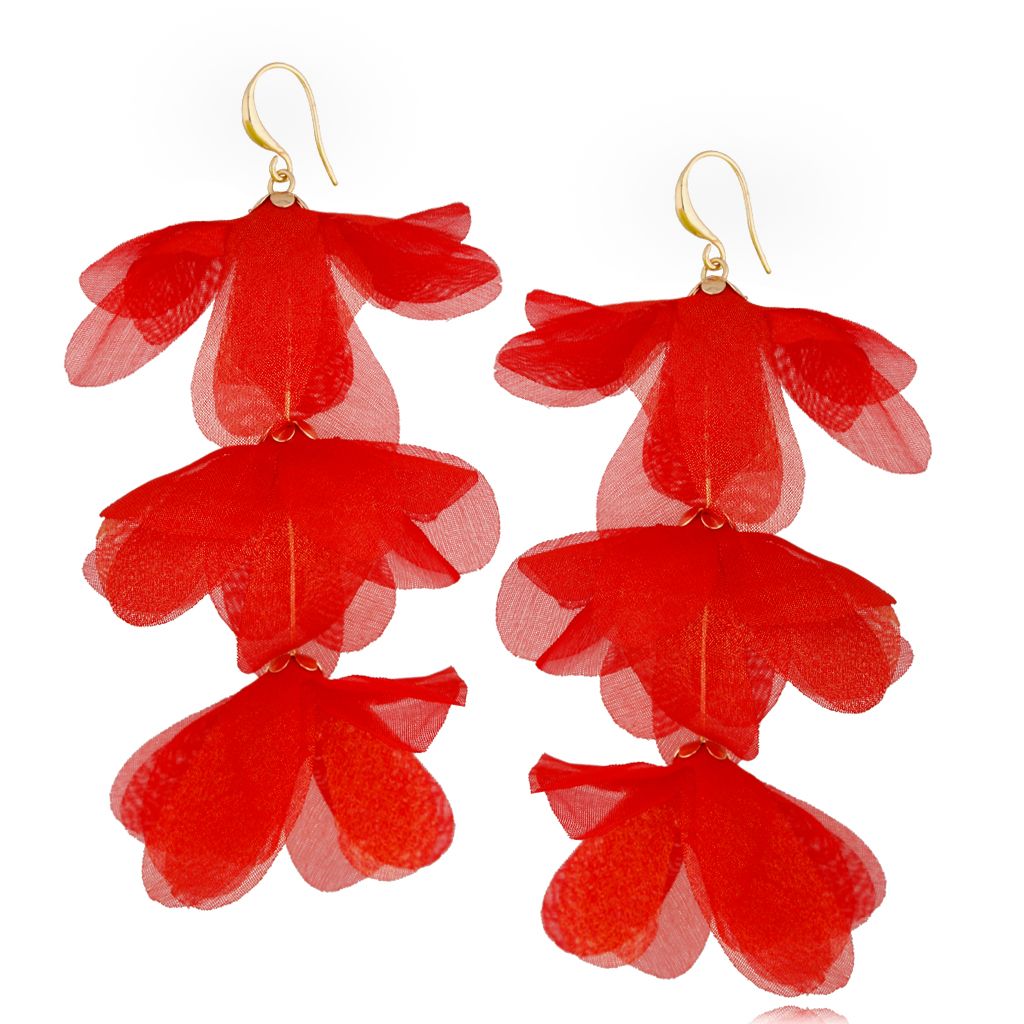 Kolczyki jedwabne kwiaty potrójne czerwone połyskujące KBL0866