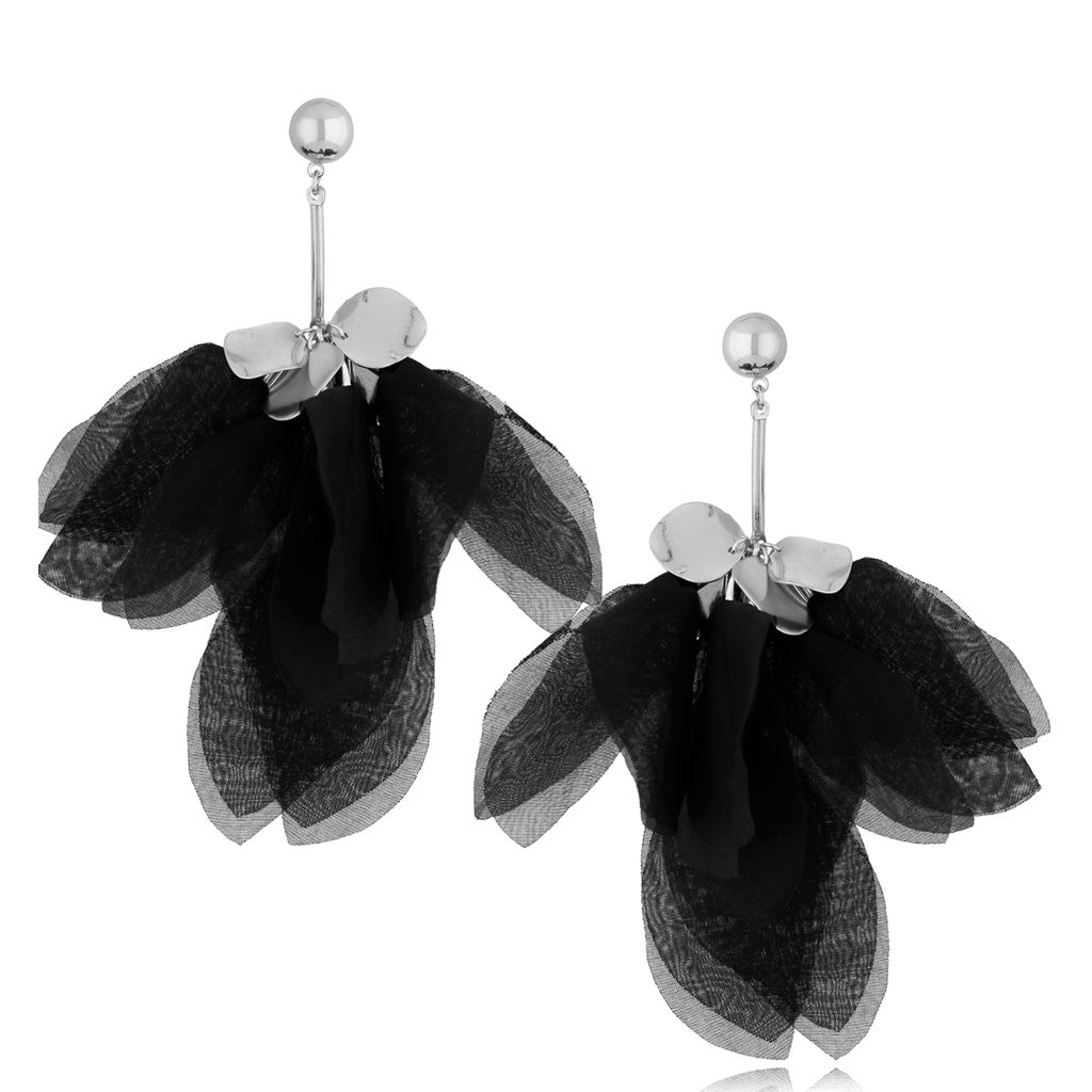Kolczyki z szyfonu kwiaty srebrno-czarne Vera KBL0896