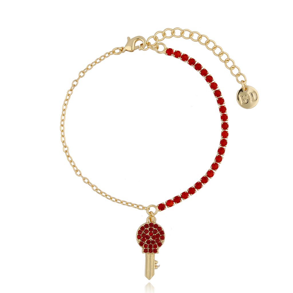 Bransoletka złota z czerwonymi kryształkami i kluczykiem BMU0019