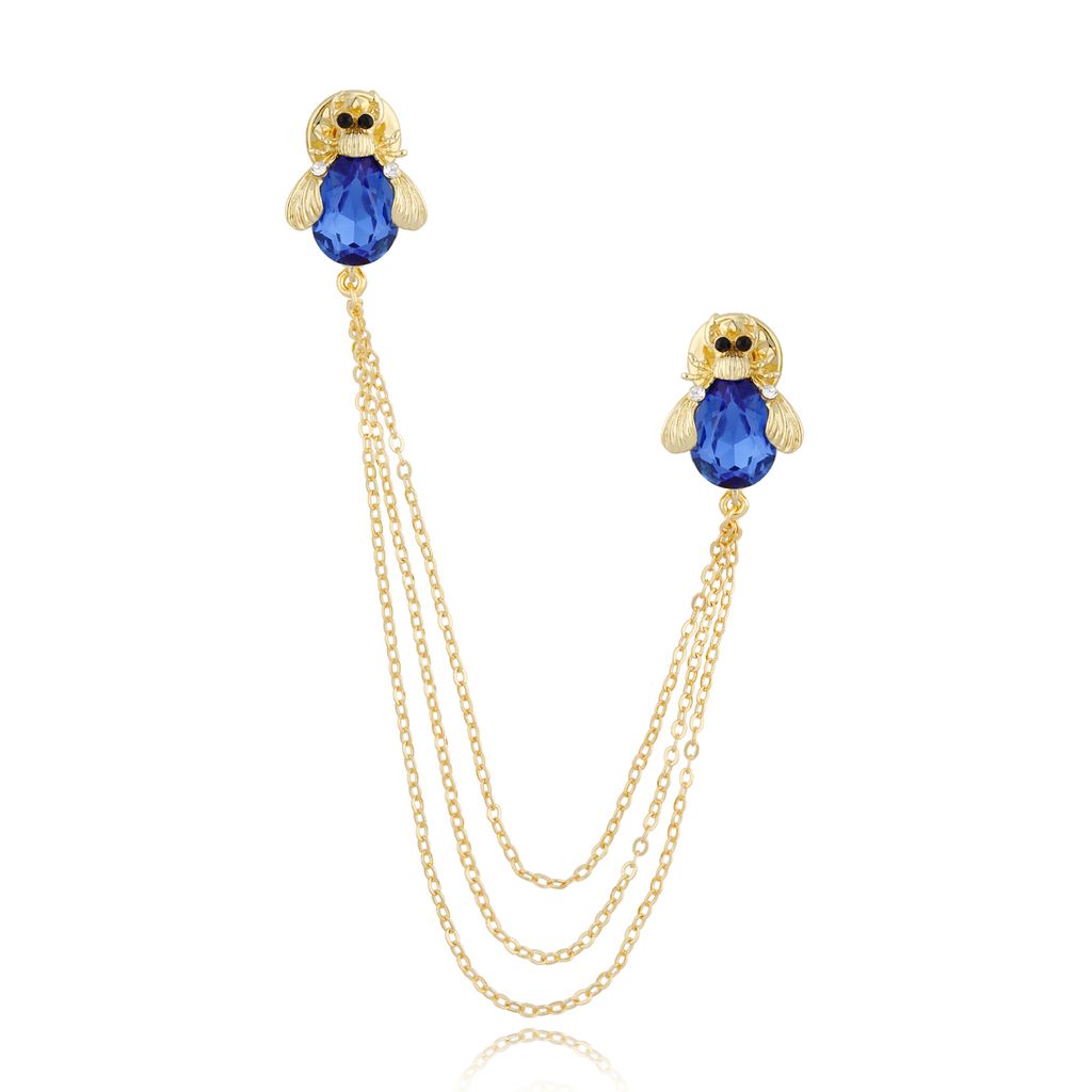 Broszka złota łańcuszkowa z żukami i niebieskimi kryształkami Hey BRMI0133
