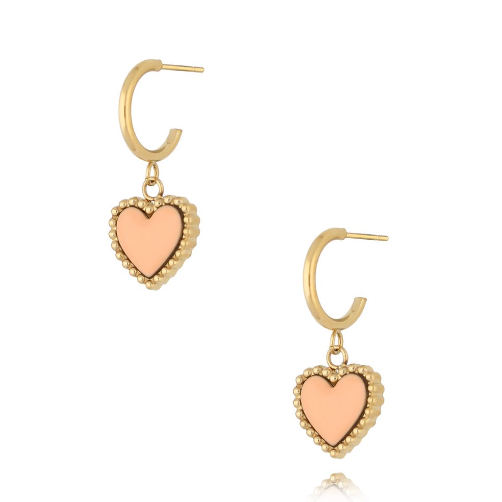 Kolczyki złote z sercem i brzoskwiniową emalią Enamel Heart KSA1546