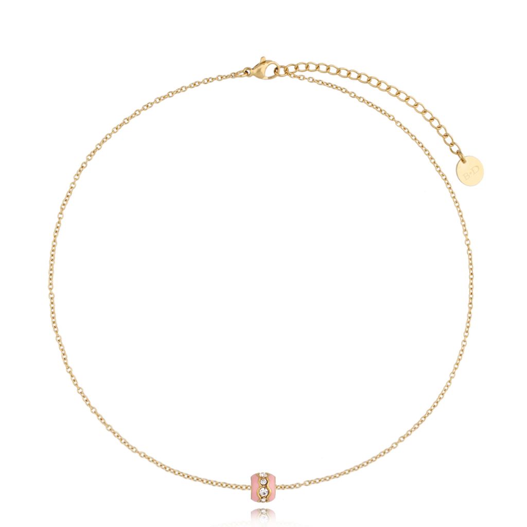 Naszyjnik złoty z kryształkami z różową emalią Mori NSA0614