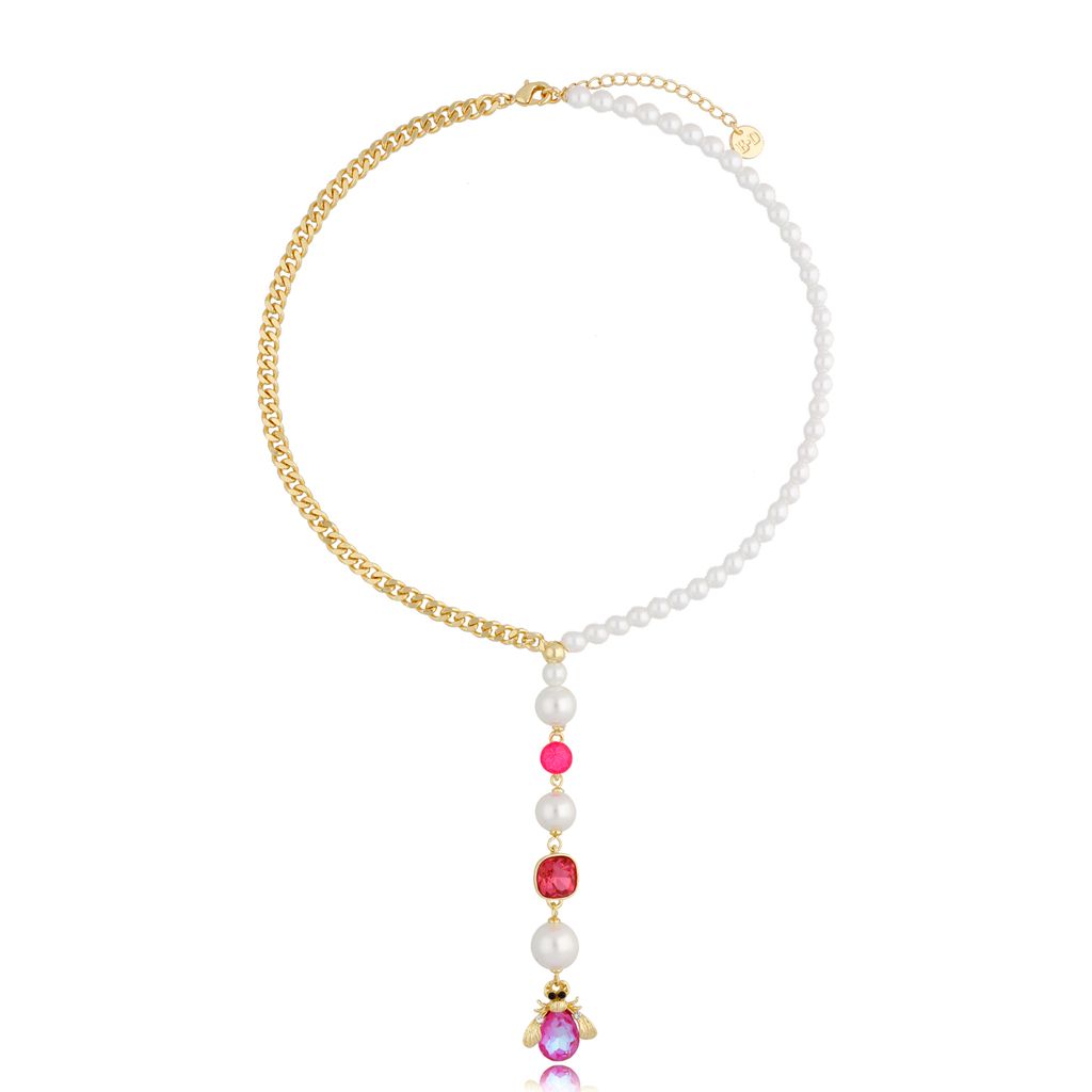 Naszyjnik z perłami i różowym opalizującym żukiem Sensation NMI0147