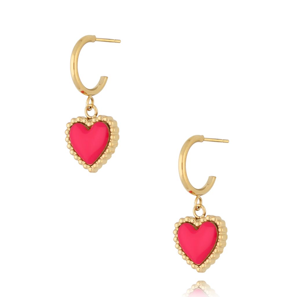 Kolczyki złote z sercem i fuksjową emalią Enamel Heart KSA1552