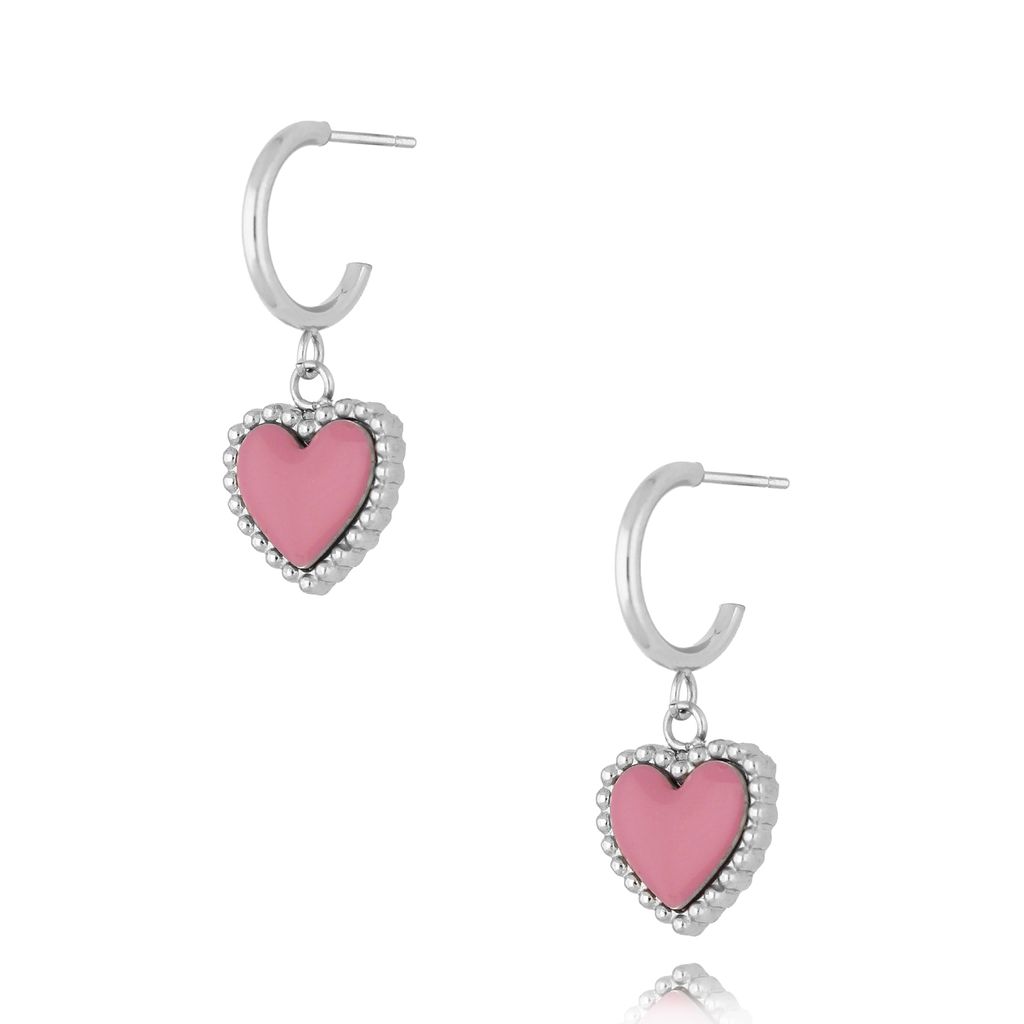 Kolczyki srebrne z sercem i różową emalią Enamel Heart KSA1547