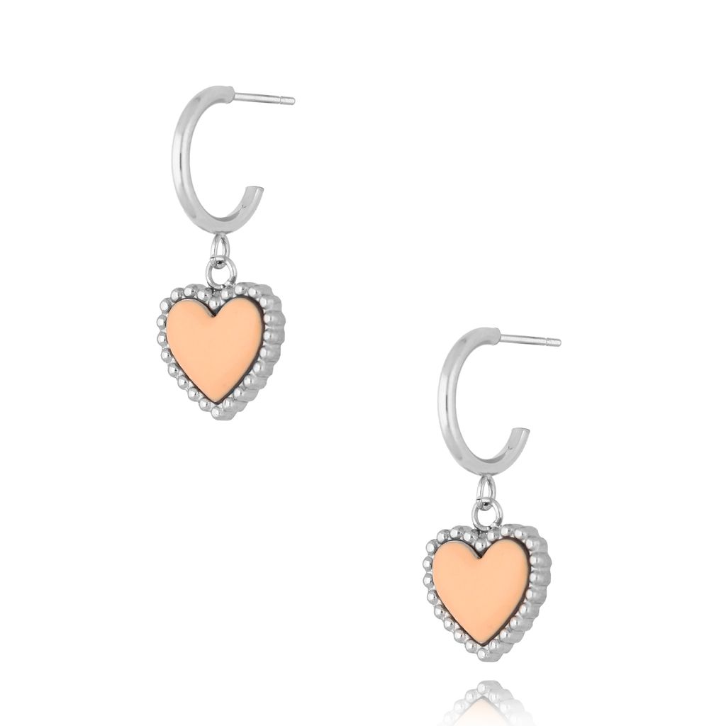 Kolczyki srebrne z sercem i brzoskwiniową emalią Enamel Heart KSA1545