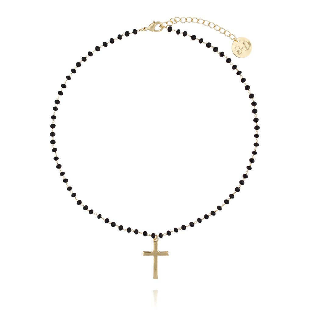 Naszyjnik z łańcuszkiem z czarnymi kryształkami i złotym krzyżem NRG0170