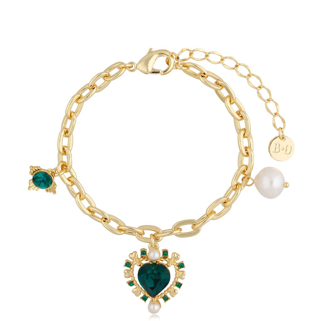 Bransoletka z zielonym kryształowym sercem i perłą Nicole BSS0035