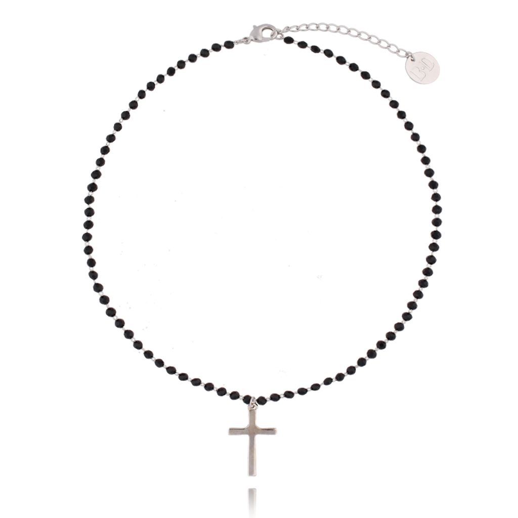 Naszyjnik z łańcuszkiem z czarnymi kryształkami i srebrnym krzyżem NRG0178