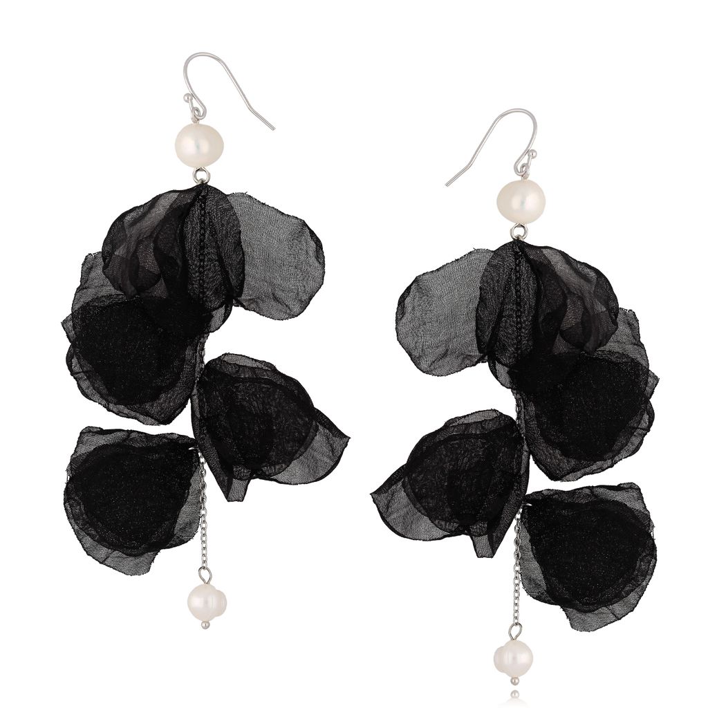Kolczyki satynowe kwiaty czarne z perełkami KBL0541