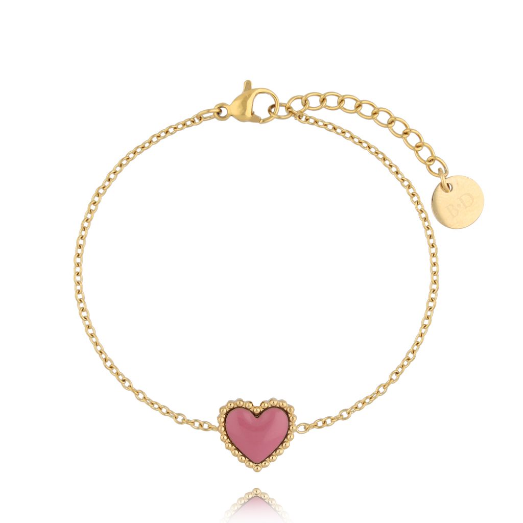 Bransoletka złota z sercem i różową emalią Enamel Heart BSA0597
