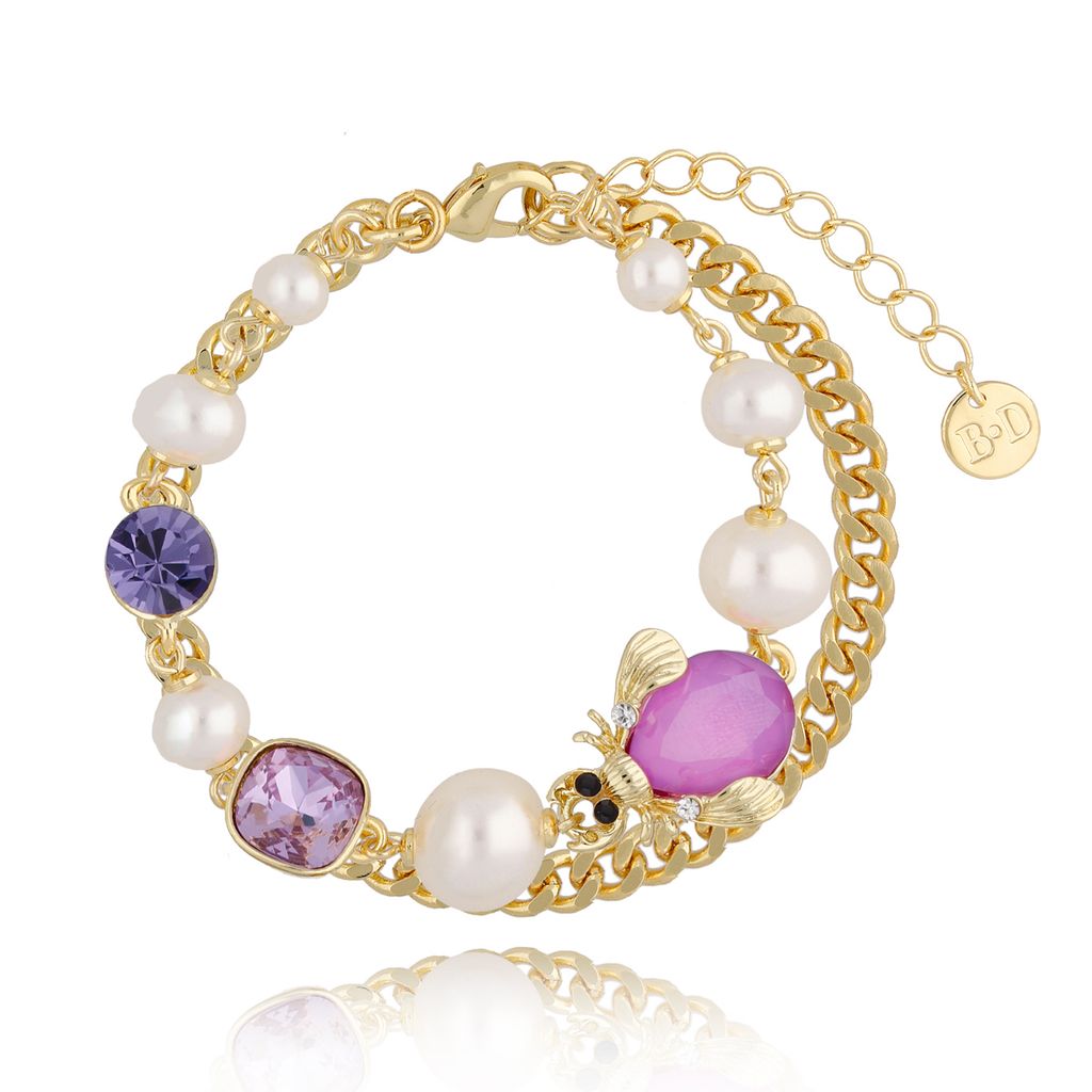 Bransoletka z żuczkiem perłami i fioletowymi kryształkami Sensation BMI0090