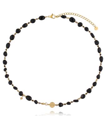 Naszyjnik z czarnego agatu, labradorytu i perły ze złotymi detalami NEA0084