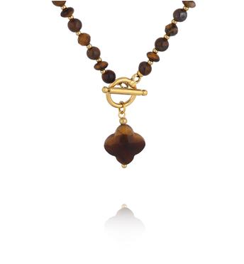 Naszyjnik z tygrysiego oka z zawieszką koniczynki NPA1625