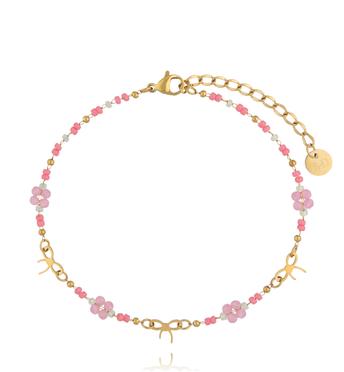 Bransoletka na nogę z różowymi koralikami i delikatnymi kokardkami BNSY0073