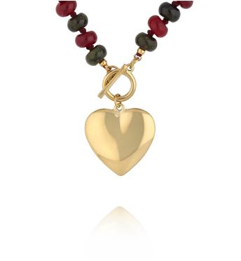 Naszyjnik z czerwonych i grafitowych kamieni z pozłacanym sercem NPA1513