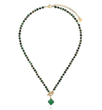 Naszyjnik z zielonym tygrysim okiem i jadeitami z koniczynką NPA1620