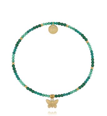 Bransoletka z zielonych cyrkonów i szklanych koralików z zawieszką motyla BTW3693