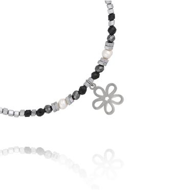 Bransoletka z hematytu, czarnego turmalinu i pereł z zawieszką kwiatka BTW3679