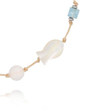 Bransoletka na beżowym sznurku z rybką, turmalinem różowym i akwamarynem BMT0354