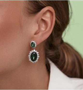Kolczyki z zielonymi kryształami i cyrkoniami w srebrnym wykończeniu KSS2251