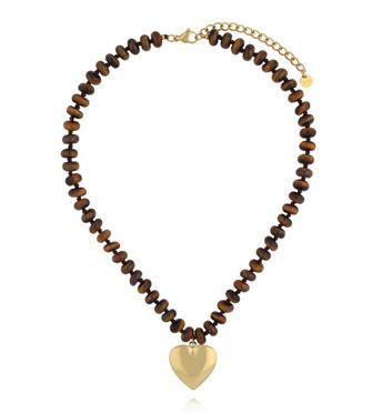 Naszyjnik z tygrysiego oka z pozłacanym sercem NPA1591