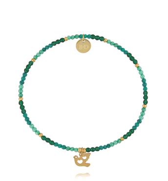 Bransoletka z zielonych cyrkonów i szklanych koralików z zawieszką ptaszka BTW3691