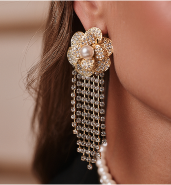 Kolczyki kwiaty z perłą i łańcuszkami KSS2121