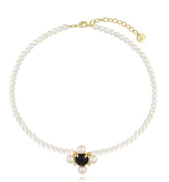 Naszyjnik z pereł z czarnym kryształem w złotej oprawie NS0393