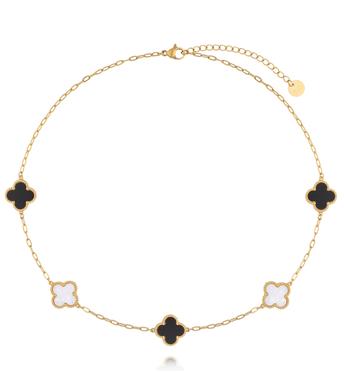 Naszyjnik złoty z czarnymi i białymi koniczynkami NSY0800