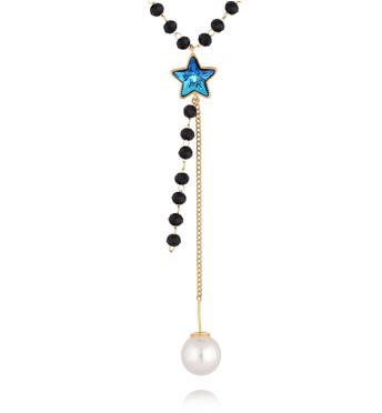 Naszyjnik z czarnych koralików i niebieską gwiazdą NLU0049