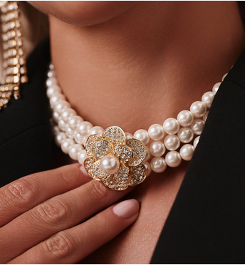 Naszyjnik z trzema rzędami pereł i złotym kwiatem Pearl Blossom Choker  NS0378