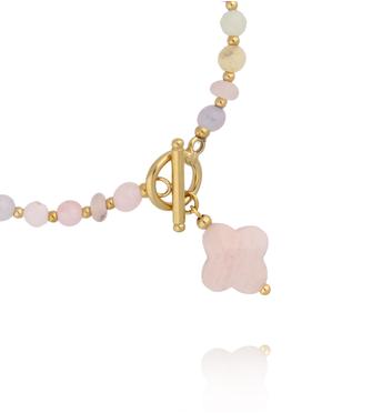 Bransoletka z morganitami z koniczynką i złotym zapięciem BPA0634