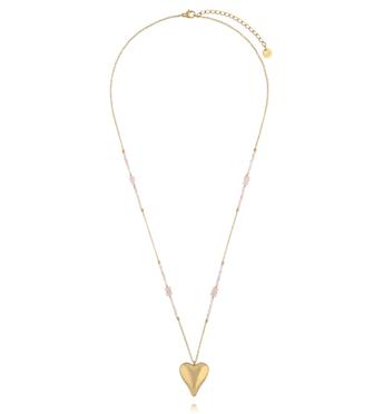 Naszyjnik z różowego kwarcu i różowego opalu z pozłacanym sercem NPA1583