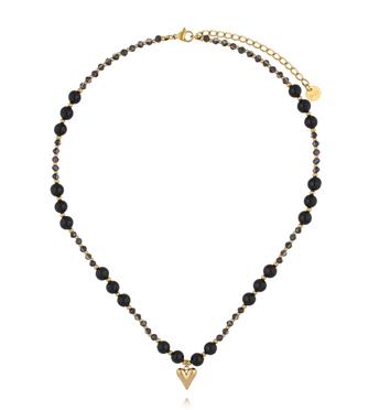 Naszyjnik z czarnego turmalinu i drobnych koralików z pozłacanym sercem NPA1594