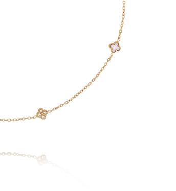 Naszyjnik złoty z koniczynkami z masy perłowej i cyrkoniami NSY0741