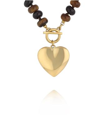 Naszyjnik z tygrysiego oka i złotym sercem NPA1505